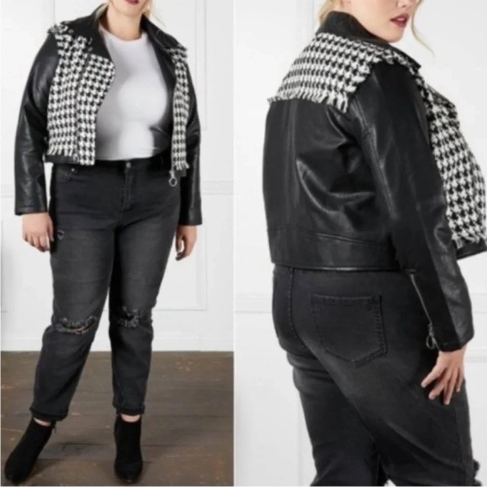 NWT-SONCY houndstooth frayed faux leather jacket - Picture 3 of 8